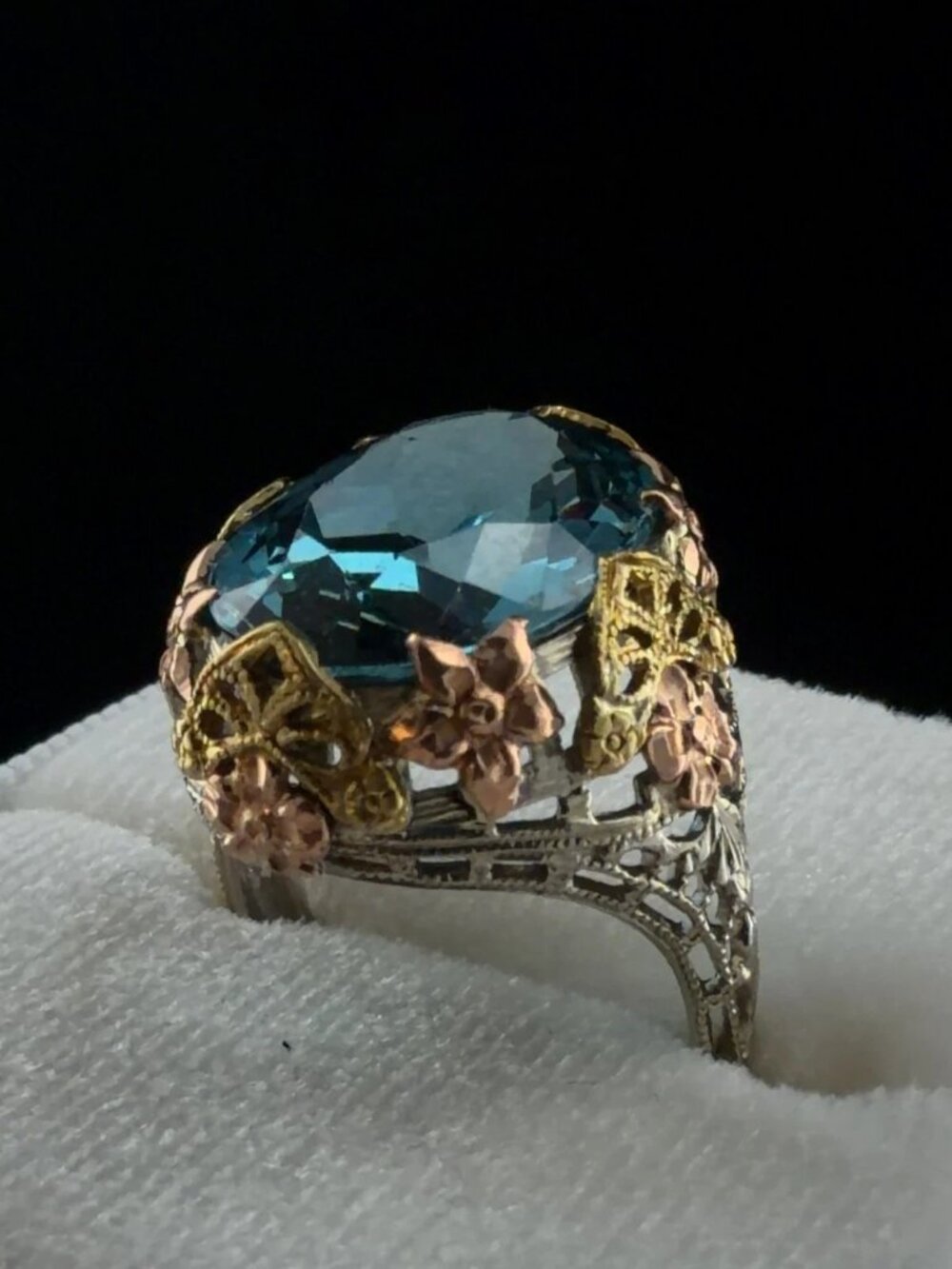 Vintage 14K Tri-Color Gold Oval Blue Spinel Floral Cocktail Ring 16x12mm Estate - Picture 9 of 13